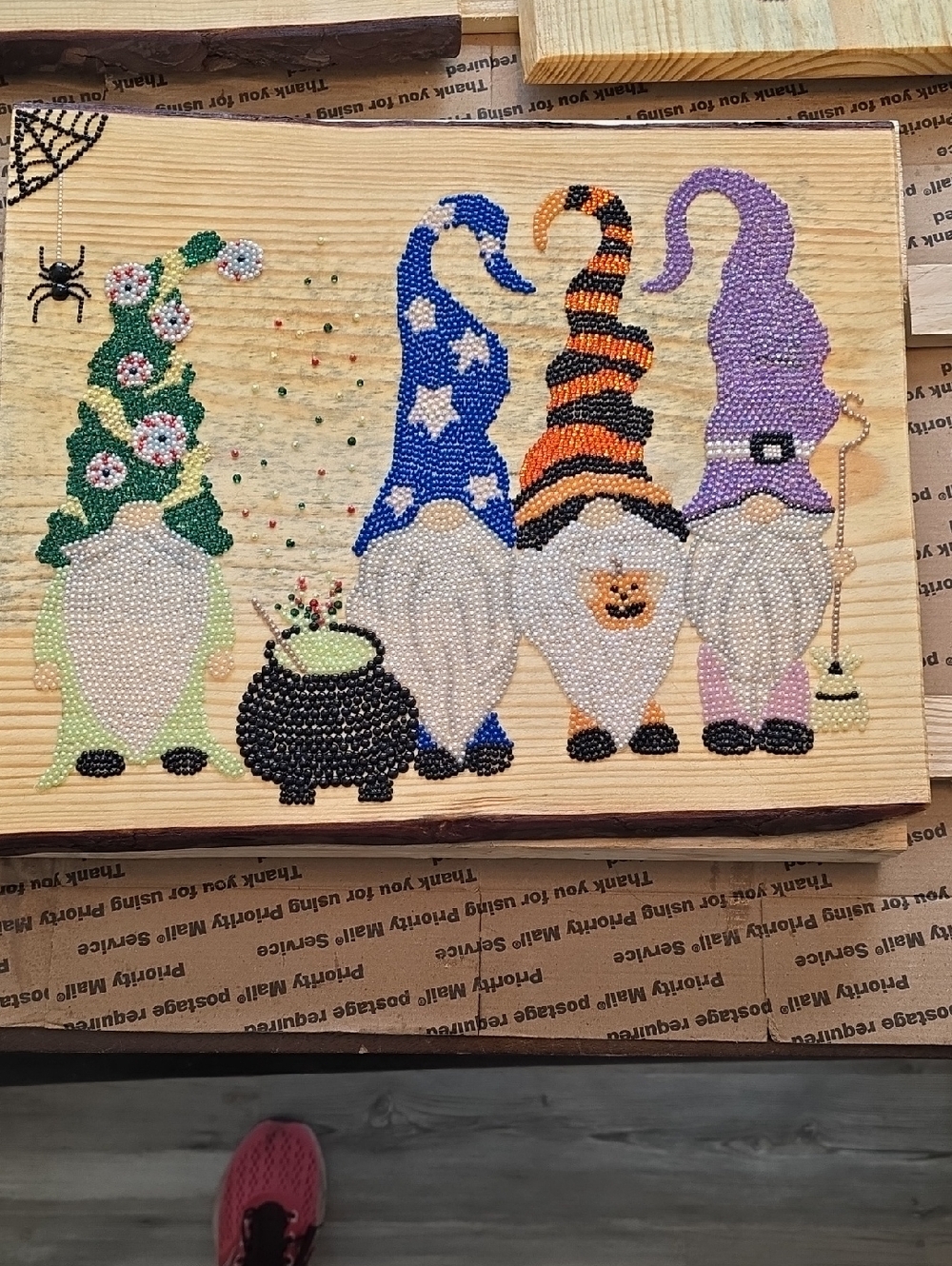 Handmade Halloween Gnome Wood Plaque - Colorful Beaded Gnomes